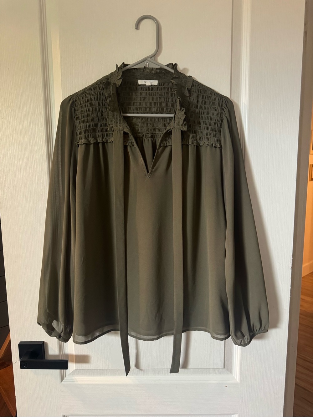 Pleione Olive Tie-Neck Smocked Yoke Blouse